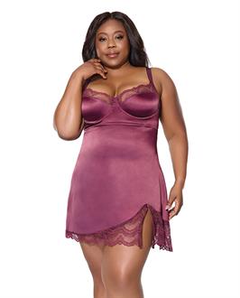 Scallop Lace Trimmed Stretch Satin Chemise w/Underwire Cups - Mauve Plum