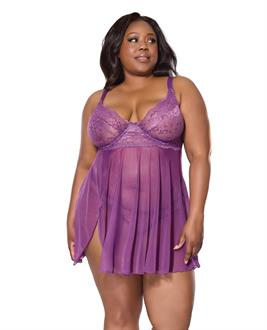 Metallic Stretch Lace and Mesh Babydoll w/Thong - Purple
