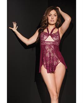 Bold Stretch Lace and Mesh Babydoll and G-String Merlot