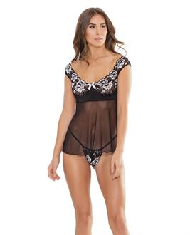 Classic Scallop Stretch Lace and Mesh Babydoll and G-String Black/White