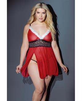 Holiday Sheer Lace Santa Themed Babydoll w/G-String Red