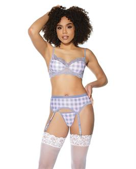 Crystal Pink Buffalo Check Print, Bra, Garter Belt and String Grey/Pink