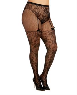 Lace and Fishnet Pantyhose with High-Waisted Lace Panty Design - Black