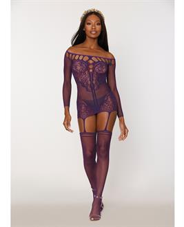 Scalloped Lace and Fishnet Garter Dress w/Attached Stockings - Purple