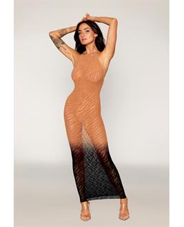 Two-Tone Ombre Seamless Zebra Knit Bodystocking Gown - Copper/Black