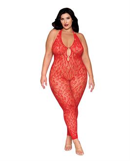 Leopard Pattern Seamless Bodystocking w/Gold Details - Red