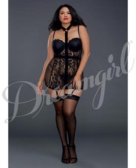 Lace Chemise Garter Slip w/Neck Collar Strap Black