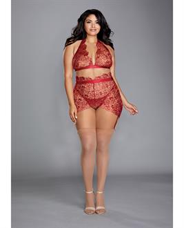 Floral Embroidery Halter Bralette, High Wasted Garter Skirt and G-String Garnet