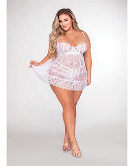 Eyelash Lace Babydoll and Strappy G-String Panty White
