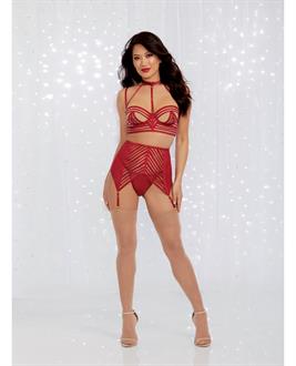 Holiday Sheer Striped Collard Long Line Bra, Garter Belt and G-String Garnet