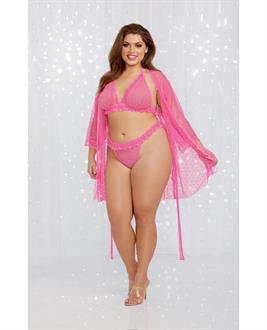 Valentines Heart Mesh Robe, Tri Cup Bralette and Thong Fuchsia