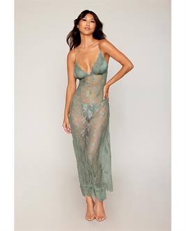 Eyelash Lace and Satin Long Chemise w/G-String - Sage Green