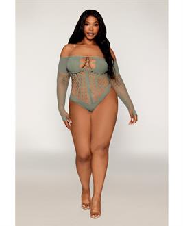 Long Sleeve Opaque and Fishnet Seamless Teddy w/Removable Halter Chain - Sage Green