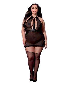 Stretch Mesh and Faux Leather Gartered Chemise w/Removable Flogger - Black