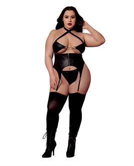 Faux Leather Bustier w/Gold Details and G-String 2 pc Set - Black