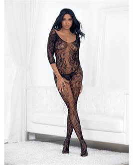 Lace 3/4 Sleeve Open Crotch Bodystocking Black