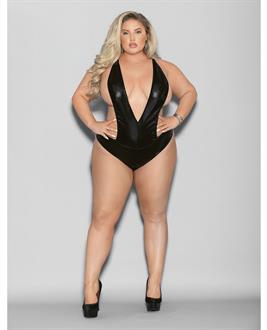 Euphoria Wet Look Deep V Teddy Black