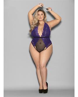 Euphoria Halter Lace and Mesh Teddy w/Wrist Restraints Purple/Black