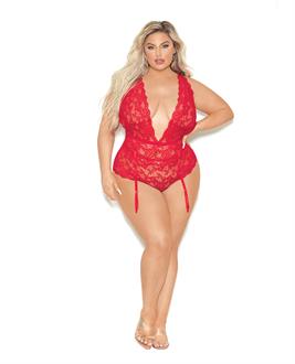 Euphoria Deep V Lace Teddiette w/Open Crotch and Butt Red