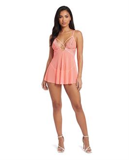 Coral Kiss Lace and Mesh Babydoll w/Necklace Detail - Coral