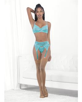 Lace and Mesh Underwire Bra, Garterbelt and G-String Malibu Blue