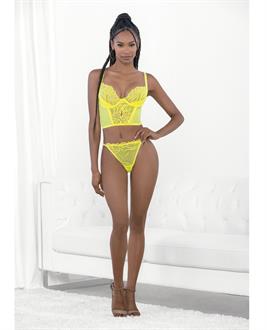 Neon Lace Corset Top w/Ring Accent and Panty Neon Lime