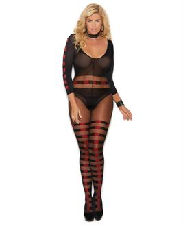 Vivace Sheer and Opaque Long Sleeve Bodystocking w/Horizontal Stripes and Open Crotch Black