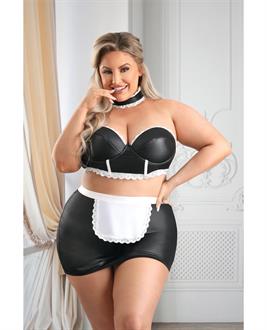 Play 5-Star Service Wetlook Bustier, Open Back Skirt, G-String and Choker Black/White