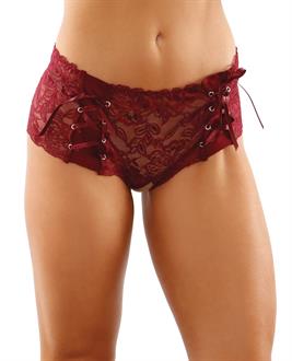Bottoms Up Magnolia Stretch Lace Crotchless Panty w/Ribbon Lace Up Front Garnet