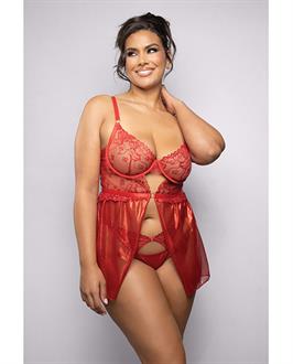 Ruby Shimmer Lace and Mesh Babydoll w/Panty - Red