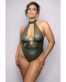 Emerald Shimmer Mesh Halter Teddy w/Open Back - Green
