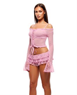 Soft Girl Era Sheer Mesh and Lace Bralette and Shorts - Light Pink