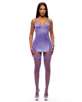See It Through Guipure Lace Chemise w/Thong and Stockings - Purple