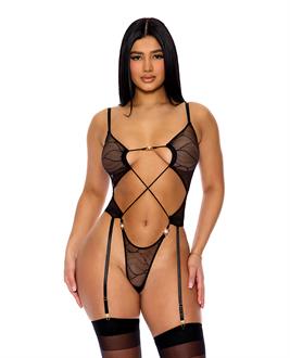 Pull My Strings Sheer Mesh Teddy w/Garters and Faux Pearl Details - Black