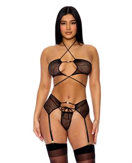 Pull My Strings Mesh Halterneck Bra w/Garter and Panty - Black