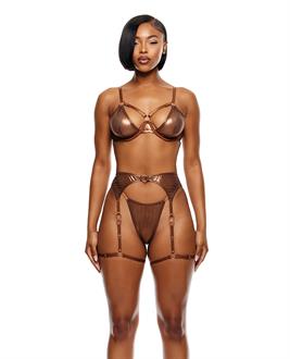 Liquid Metal Metallic Mesh Underwire Bra w/Garter Belt and G-String 3 pc Set - Metallic Copper