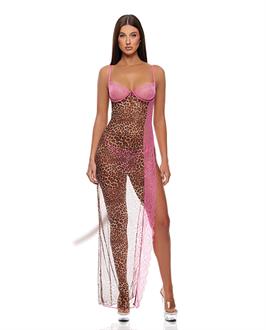 Animal Instincts Mesh Nightgown and Panty - Pink Leopard
