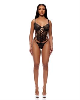 Animal Instincts Sheer Mesh and Lace Bustier w/Thong