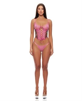 Animal Instincts Mesh Bustier and Panty 2 pc Set - Pink Leopard