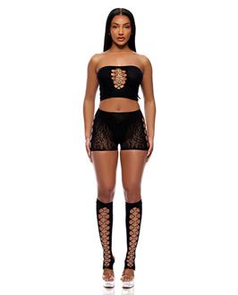 Cross Your Mind Tube Top w/Boy Short and Open Toe Socks Bodystocking - Black