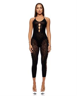 Cross Your Mind Capri Floral Knit Bodystocking w/Rhinestone Details - Black