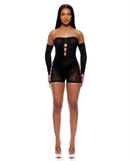 Cross Your Mind Romper Bodystocking w/Rhinestone Details and Gloves 2 pc Set - Black