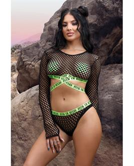 Vibes Fuck Ur Rules Long Sleeve Crop Top, Panty and Pasties Black/Green