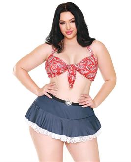 Curve Woodys Roundup Halter Bra, Skirt w/Lace Trim and Ruffled Panty Red/Blue