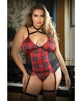 Curve Shannon Plaid Harness Bustier and Panty Red/Black