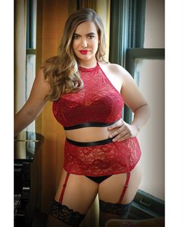 Curve Aria Lace Halter Top and High Waist Panty Red