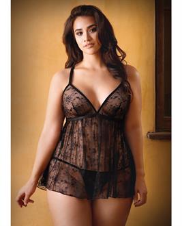 Curve Elena Lace Babydoll w/Criss Cross Back Detail and Panty Black