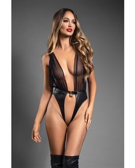 Domina Plunge Front Sheer Mesh and Vegan Leather Teddy w/Lock and Key - Black