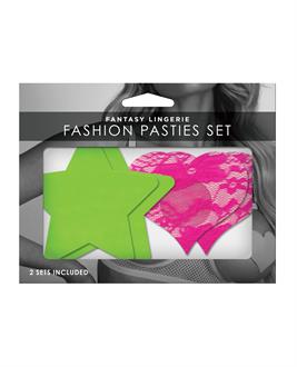 Fantasy UV Reactive Neon Star and Lace Heart Pasties - Green and Pink O/S Pack of 2