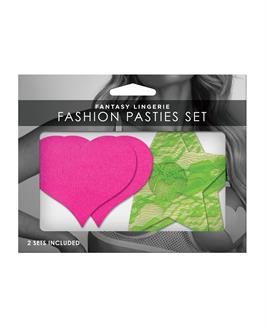 Fantasy UV Reactive Neon Heart and Lace Star Pasties - Pink and Green O/S Pack  of 2